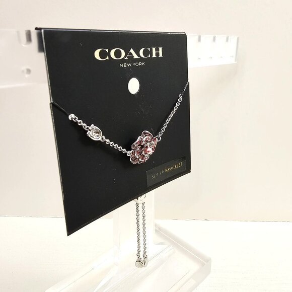 Coach Silver Rose Slider Bracelet‎ With Pink Crystal & Pearl Embellishments NWT - Picture 4 of 8